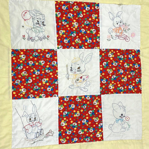 Vintage Clown Bunny Nursery Quilt Hand Embroidered Red Yellow 47x47 Inch
