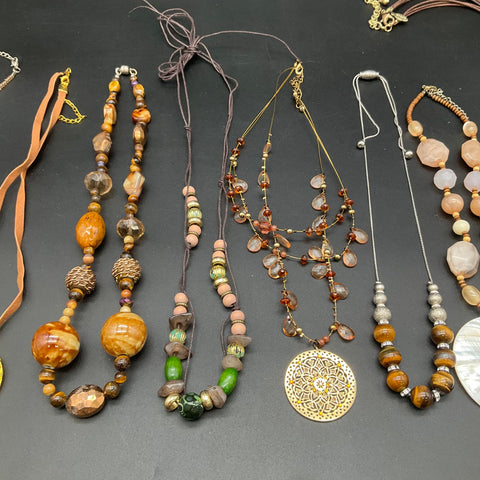 Boho Beaded Statement Necklace Lot of 8 Earthy Stone Wood Shell Pendant Designs