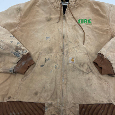 Carhartt Duck Active Jacket Hooded Quilted Lined Made in USA Distressed Sz 2XL