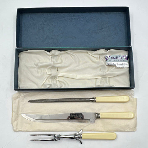 M Bernard Sheffield Carving Set 3pc Stainless Steel Faux Ivory Handle Vintage