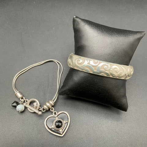 Brighton Silver Tone Scroll Bangle & Heart Charm Toggle Bracelet Lot 2pc