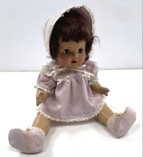 Vintage 18 Inch Hard Plastic Doll Sleep Eyes With Purple Checkered Dress Bonnet