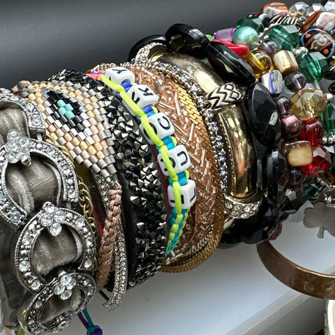 Vintage to Modern Costume Jewelry Lot of 40+ Bracelets Bangles Cuffs Beaded Boho
