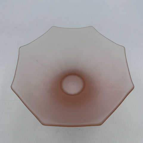 Vintage Pink Satin Glass Bowl Frosted Scalloped Rim Ribbed Pedestal 8 Inch