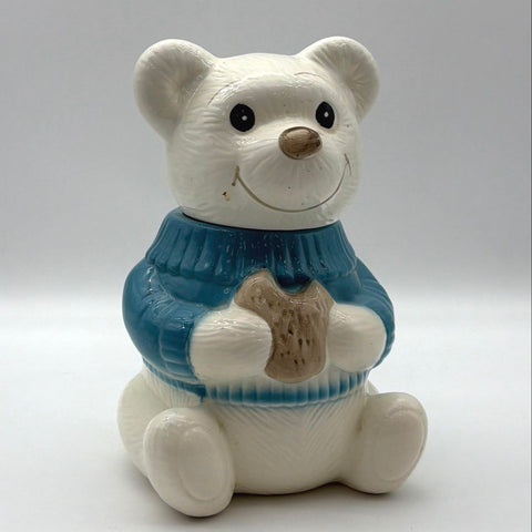 Vintage Welcome Ceramic Bear Cookie Jar White Blue Sweater Taiwan 12 Inch