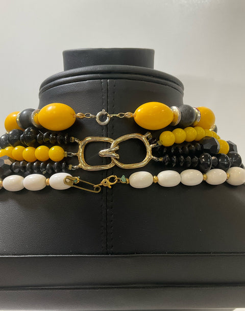 Lot of Black Yellow and White Plastic Beaded Necklaces Vintage 9 Pieces