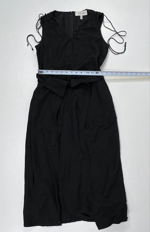 Derek Lam 10 Crosby Women's Black V-Neck Ruched Shoulder Belted Midi Dress Sz 4