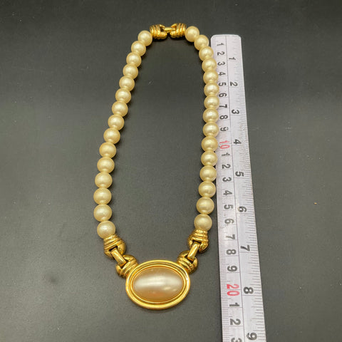 Vintage Napier Gold Tone Faux Pearl Beaded Necklace Oval Cabochon 16"