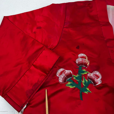 Vintage 90s Korean Red Satin Embroidered Floral Robe Dressing Gown Sz L