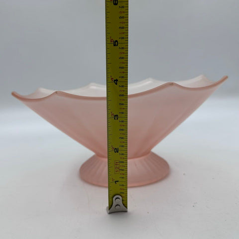 Vintage Pink Satin Glass Bowl Frosted Scalloped Rim Ribbed Pedestal 8 Inch