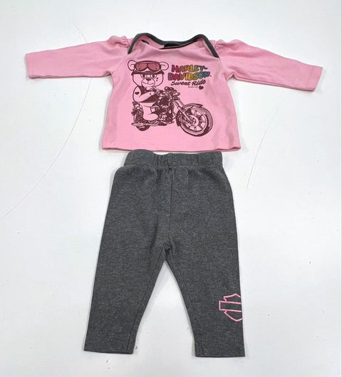 Harley Davidson Girl's 2pc Set Pink Bear Sweet Ride Top Gray Leggings 3/6M