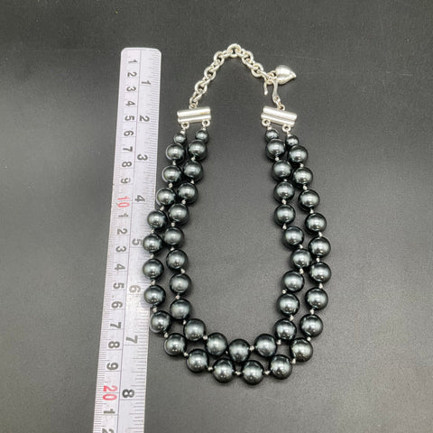 Carolee Dark Grey Faux Pearl Double Strand Necklace Silver Tone Heart Tag 16"