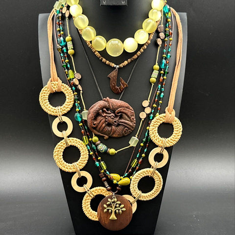 Boho Tribal Earthy Necklace Jewelry Lot of 9 Carved Dragon Tree of Life Beads