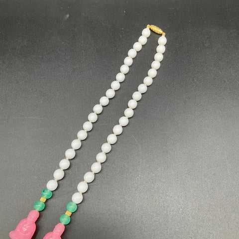 Vintage Milk Glass Pink Plastic Buddha Beaded Necklace Costume Jewelry 32"