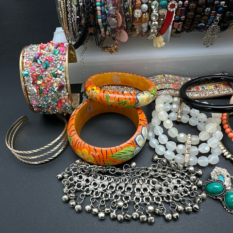 Vintage to Modern Costume Jewelry Lot 40+ Bracelets Bangles Cuffs Beaded Boho