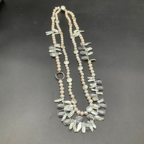 Cultured Pearl Necklace Baroque Stick Coin Pearls Clear Teardrop Dangles 28"