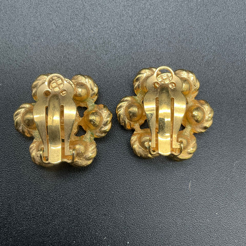 Vintage Swarovski Gold Tone Multi Color Crystal Floral Clip On Earrings 1"