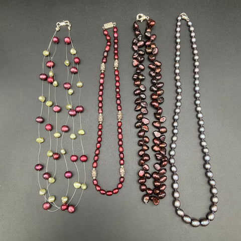 Freshwater Cultured Pearl Necklace Lot of 4 Grey Burgundy Chocolate Multi-Strand