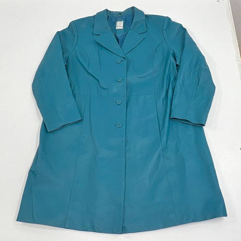 Vintage 80s Roaman's Teal Leather Double Breasted Coat Women's Plus