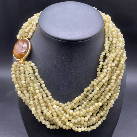 Vintage Green Stone & Tiger's Eye Multi Strand Statement Necklace Gold Tone