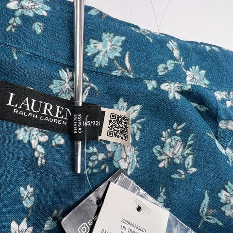 Lauren Ralph Lauren Women's Floral Linen Button Down Shirt Indigo Blue NWT Sz M