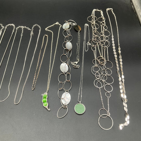 Silver Tone Necklace Jewelry Lot of 17 Modern Pendants Chains Shell Boho
