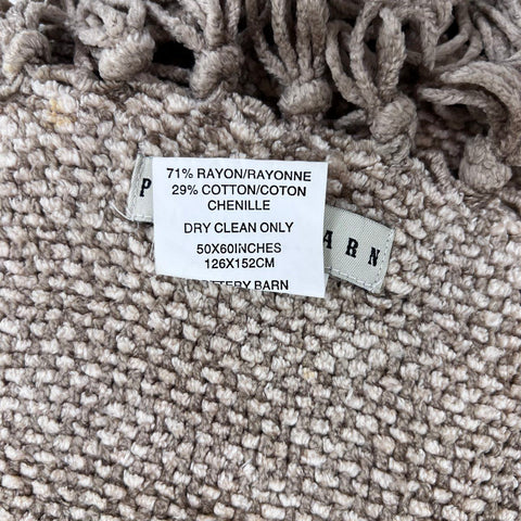 Pottery Barn Chenille Throw Blanket Taupe Textured Rayon Cotton Fringe 50x60