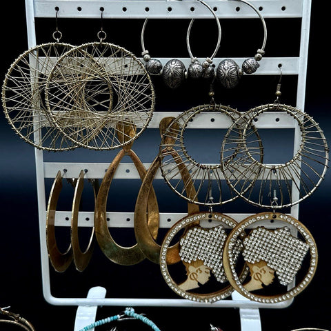 Vintage & Modern Costume Jewelry Lot 45+ Pairs Hoops Dangles African Motifs