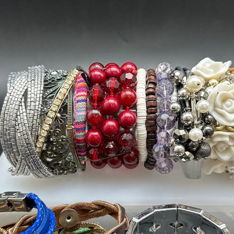 Vintage to Modern Costume Jewelry Lot 40pc Bangles Beaded Cuffs KC Royals Charm