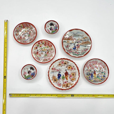 Vintage Japanese Hand Painted Geisha Porcelain Dish Lot 7pc Landscape Japan