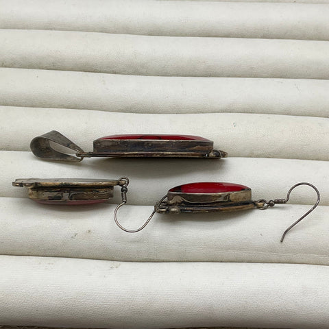 Vintage Mexican Style Silver Tone Red Cabochon Pendant & Earrings Jewelry Set