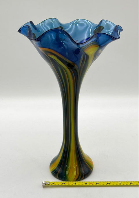 Art Glass Vase Blue Yellow Swirl Pulled Feather Signed Ruffled Rim 14 Inch