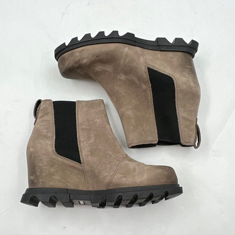 Sorel Joan of Arctic Wedge III Chelsea Taupe Leather Ankle Boots Size 7