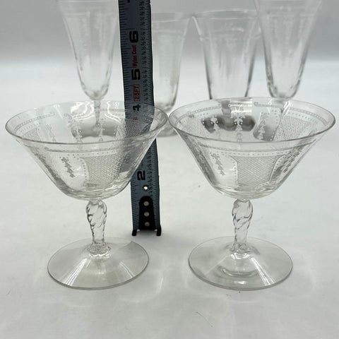 Fostoria Etched Glass 9 Piece Set Crystal Tapered Goblets Champagne Wine Vintage