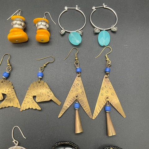 Boho Eclectic Artisan Earring Lot 14 Pairs Moon Skeleton Leaf Geometric Styles