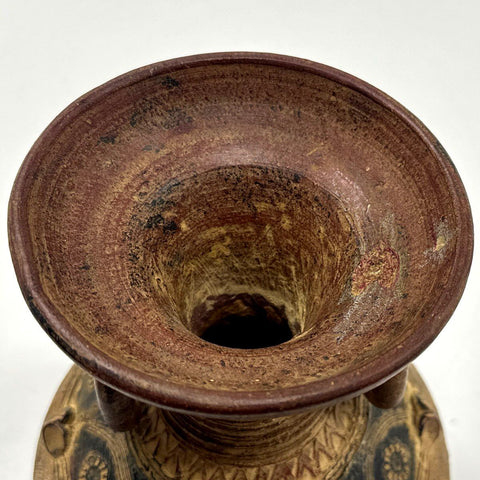 Vintage Pottery Vase Ring Handles Incised Geometric Folk Art Style Brown 11"
