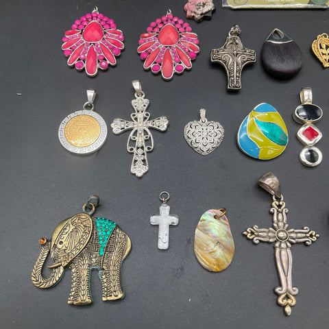 Vintage & Modern Costume Jewelry Lot of 27 Pendants Crosses Elephant Peacock