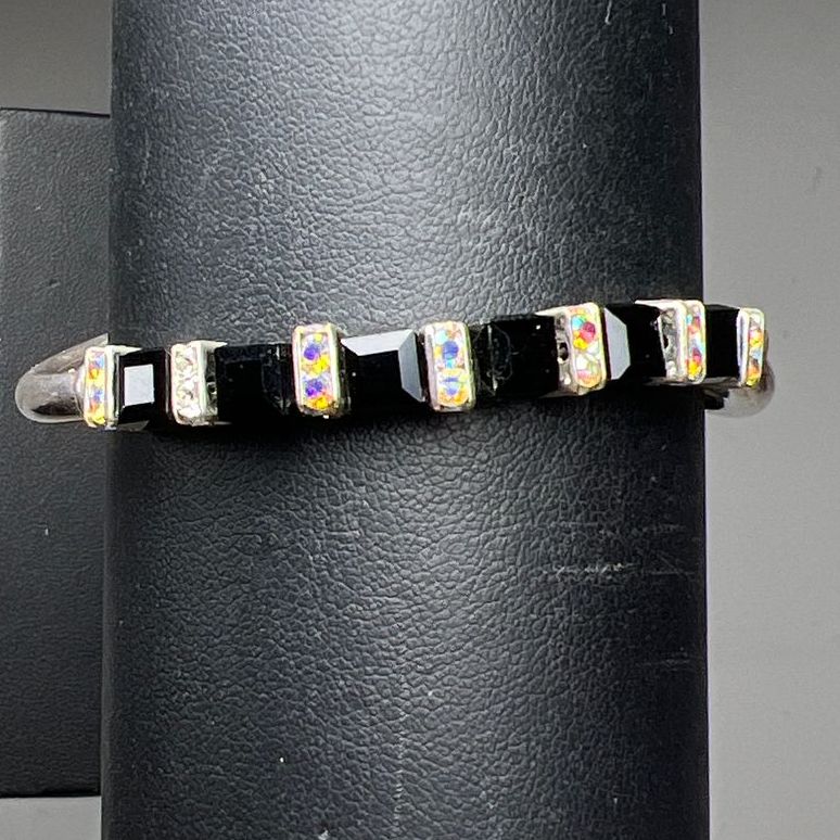 Sterling Silver Black Beaded Rhinestone Bracelet