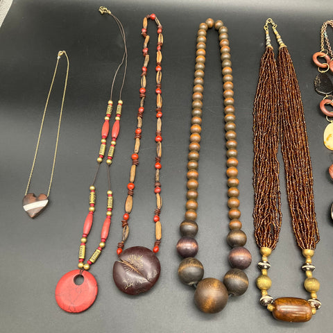 Boho Tribal Mixed Costume Jewelry Lot 6 Necklaces Wood Seed Bead Organic Style