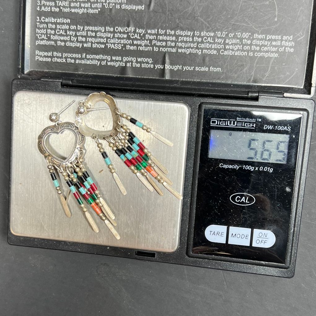 O.T. Sterling Silver Heart Native American Style Beaded Earrings 5.6g