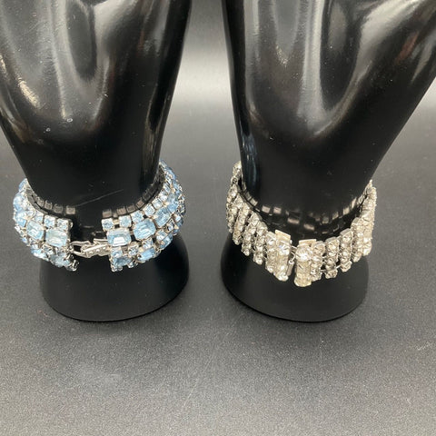 Vintage Mid-Century Rhinestone Bracelet Lot of 2 Blue and Clear Crystal