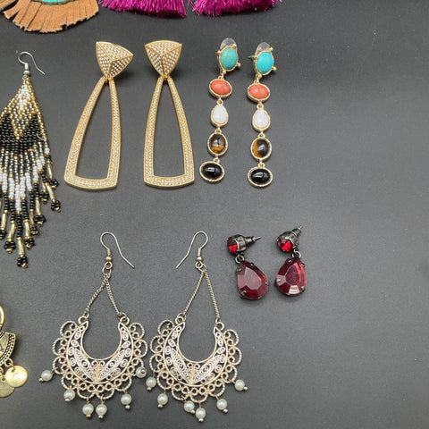 Bohemian Statement Earrings Lot of 15 Pairs Beaded Tassel Fringe Fashion Jewelry