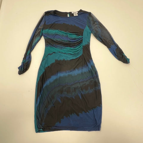 DKNY NWT Teal Glass Abstract Print Ruched Mesh Sleeve Sheath Dress Sz 10P