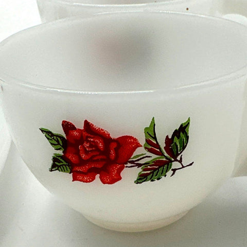 Federal Glass Rose Milk Glass Snack Set 3 Cups 3 Plates 6 Piece Vintage