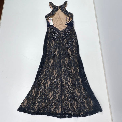 NWT Cachet Women's Black Lace Beaded Halter Maxi Gown Open Back Dress Size 8