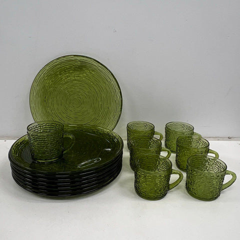 Anchor Hocking Soreno 15pc Snack Set Lot Avocado Green Glass Vintage