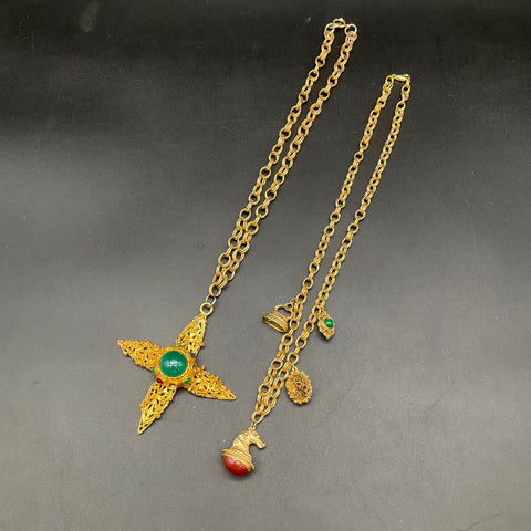 Vintage Etruscan Revival Gold Tone Fob Necklace & Cabochon Cross Pendant Lot