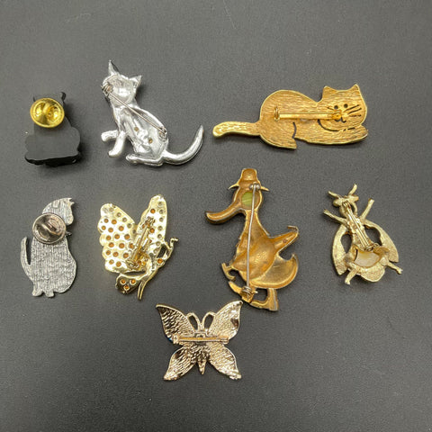 Vintage Cat & Animal Brooch Jewelry Lot of 8 Rhinestone Enamel Butterfly Duck