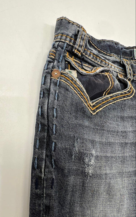 MEK Men's Natal Bootcut Jeans Dark Wash Thick Stitch Distressed Sz 38x34