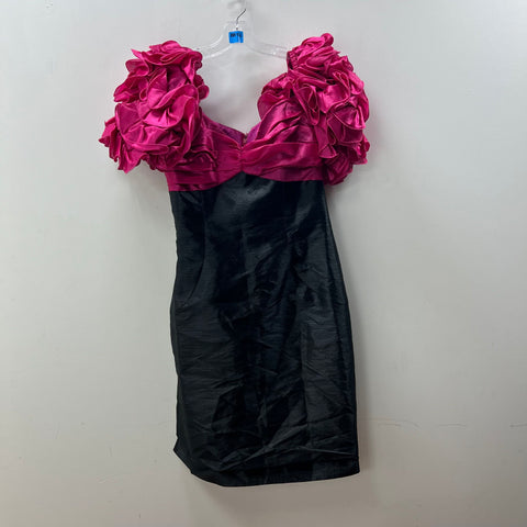 Vintage 80s Cattiva Ruffle Poof Sleeve Prom Party Dress Taffeta Pink Black Sz 10